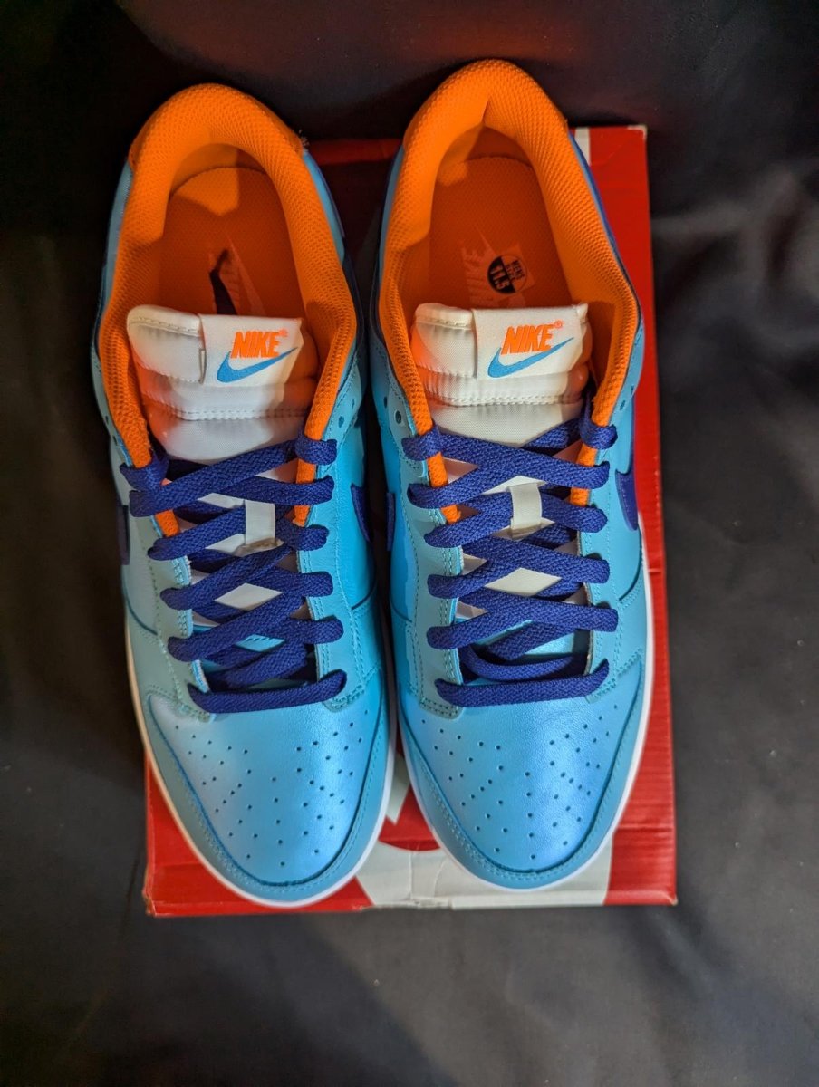 NEW NIB Nike Dunk Low SE "Baltic Blue Total Orange" 11.5 HQ1538 - 416 Aqua Navy - Sole & Drip