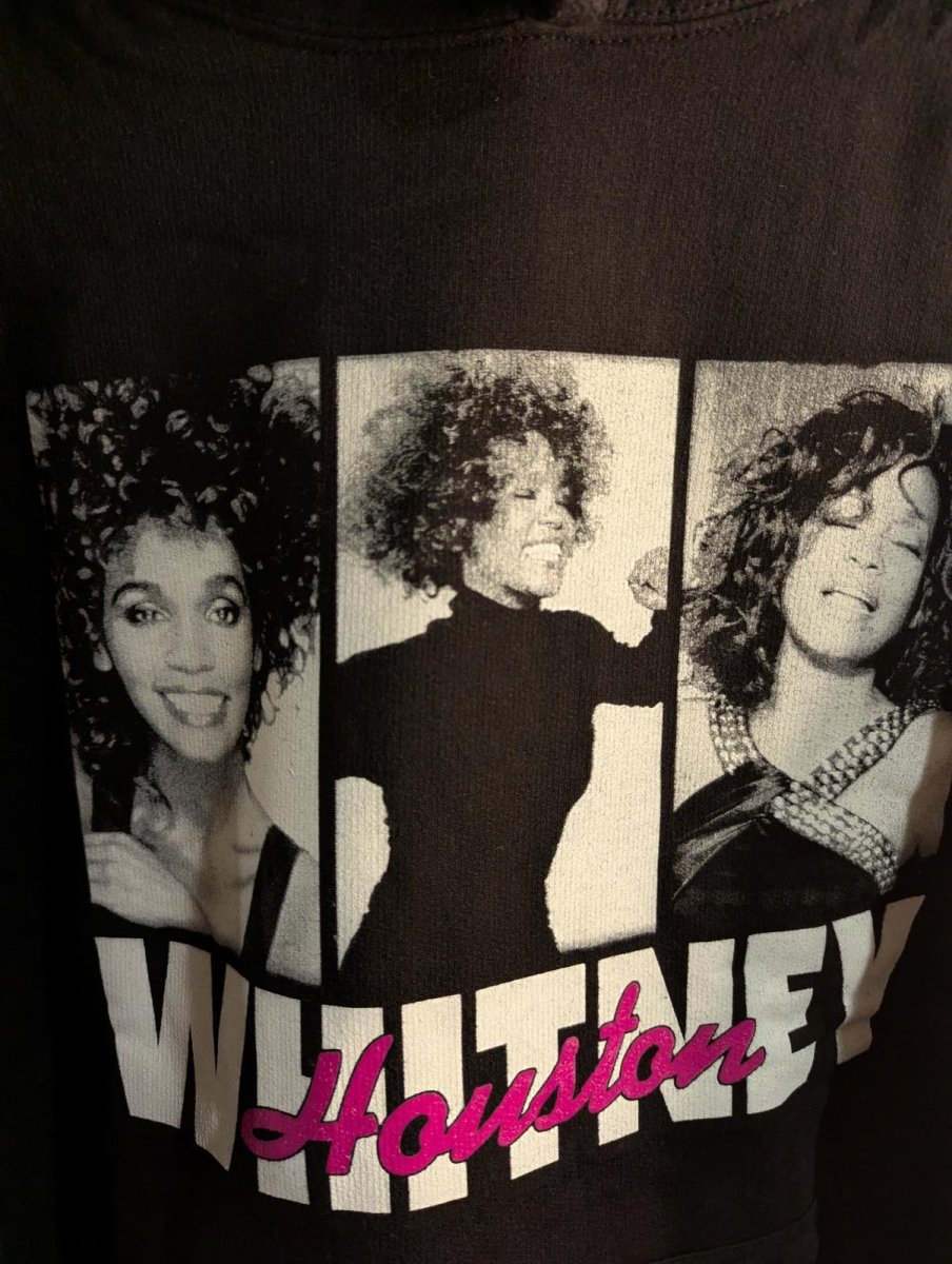 NWT Whitney Houston Triple Portrait Hoodie Black Pink Script Size L Music Icon - Sole & Drip